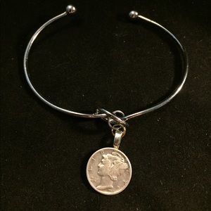 Rose Gold bangle bracelet with Mercury Dime charm